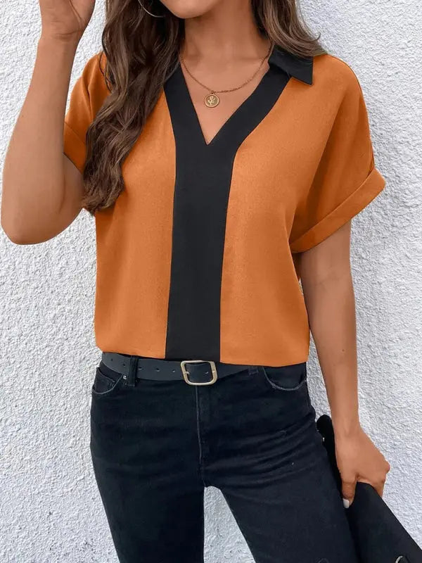 Blue Zone Planet | Contrasting Color V-Neck Raglan Sleeve Lapel Loose Top BLUE ZONE PLANET