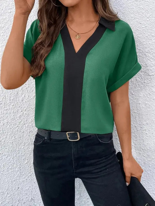 Blue Zone Planet | Contrasting Color V-Neck Raglan Sleeve Lapel Loose Top BLUE ZONE PLANET