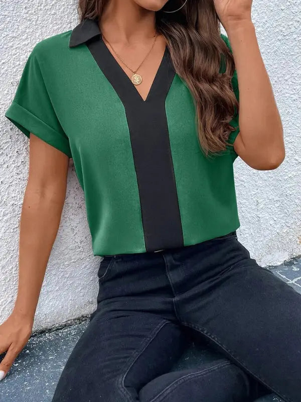 Blue Zone Planet | Contrasting Color V-Neck Raglan Sleeve Lapel Loose Top BLUE ZONE PLANET