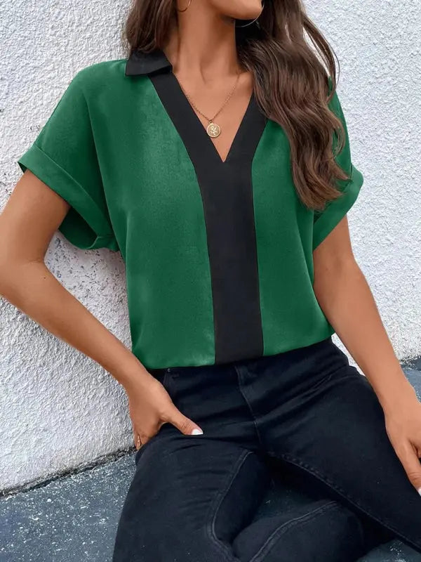 Blue Zone Planet | Contrasting Color V-Neck Raglan Sleeve Lapel Loose Top BLUE ZONE PLANET