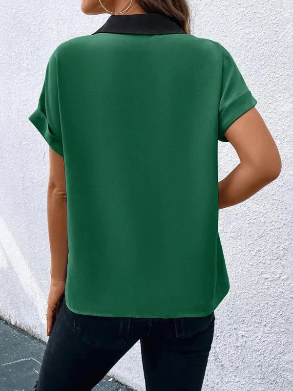 Blue Zone Planet | Contrasting Color V-Neck Raglan Sleeve Lapel Loose Top BLUE ZONE PLANET