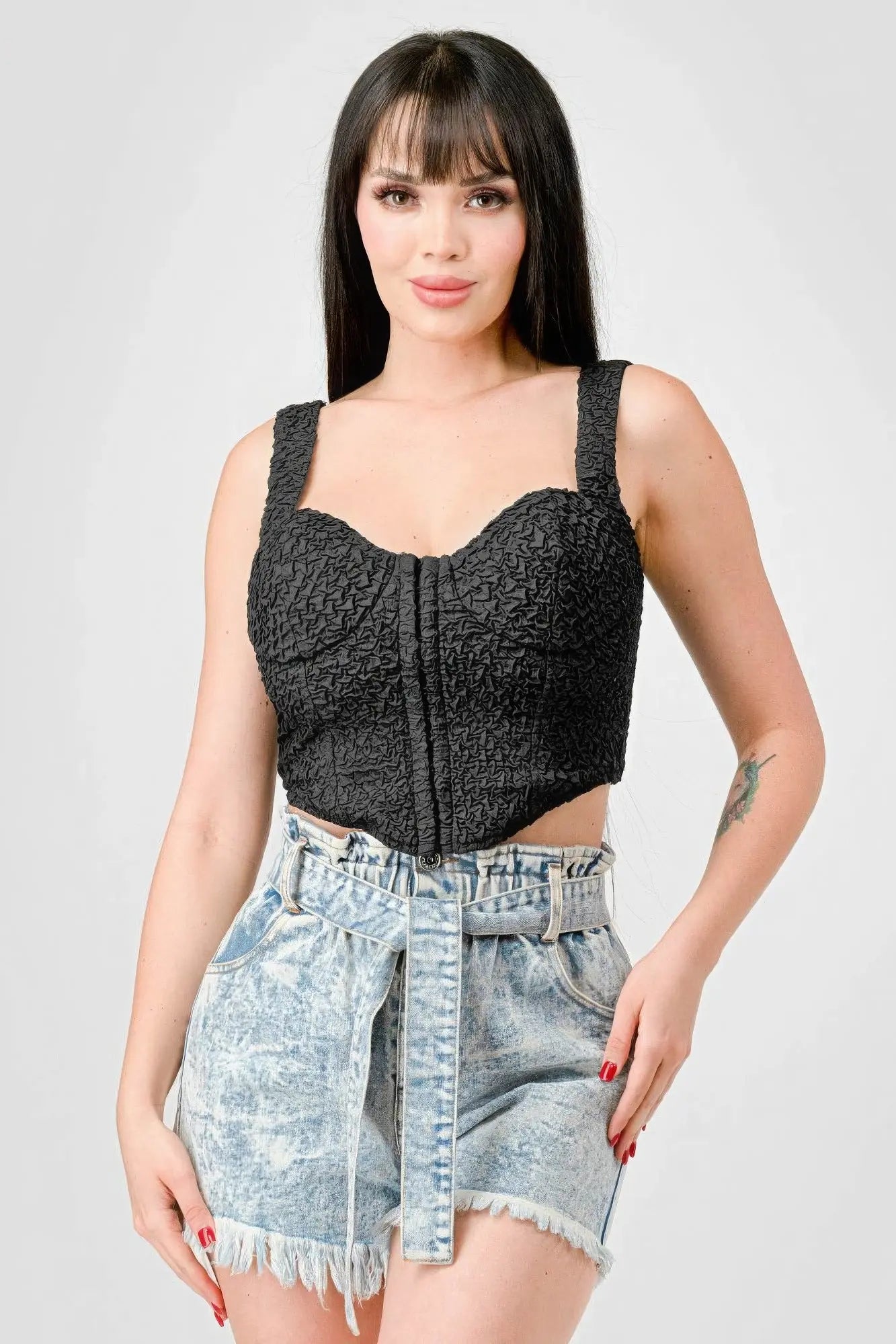 Blue Zone Planet | Crinkle Stretch Knit Sweetheart Hooked Bustier Cropped Top Blue Zone Planet