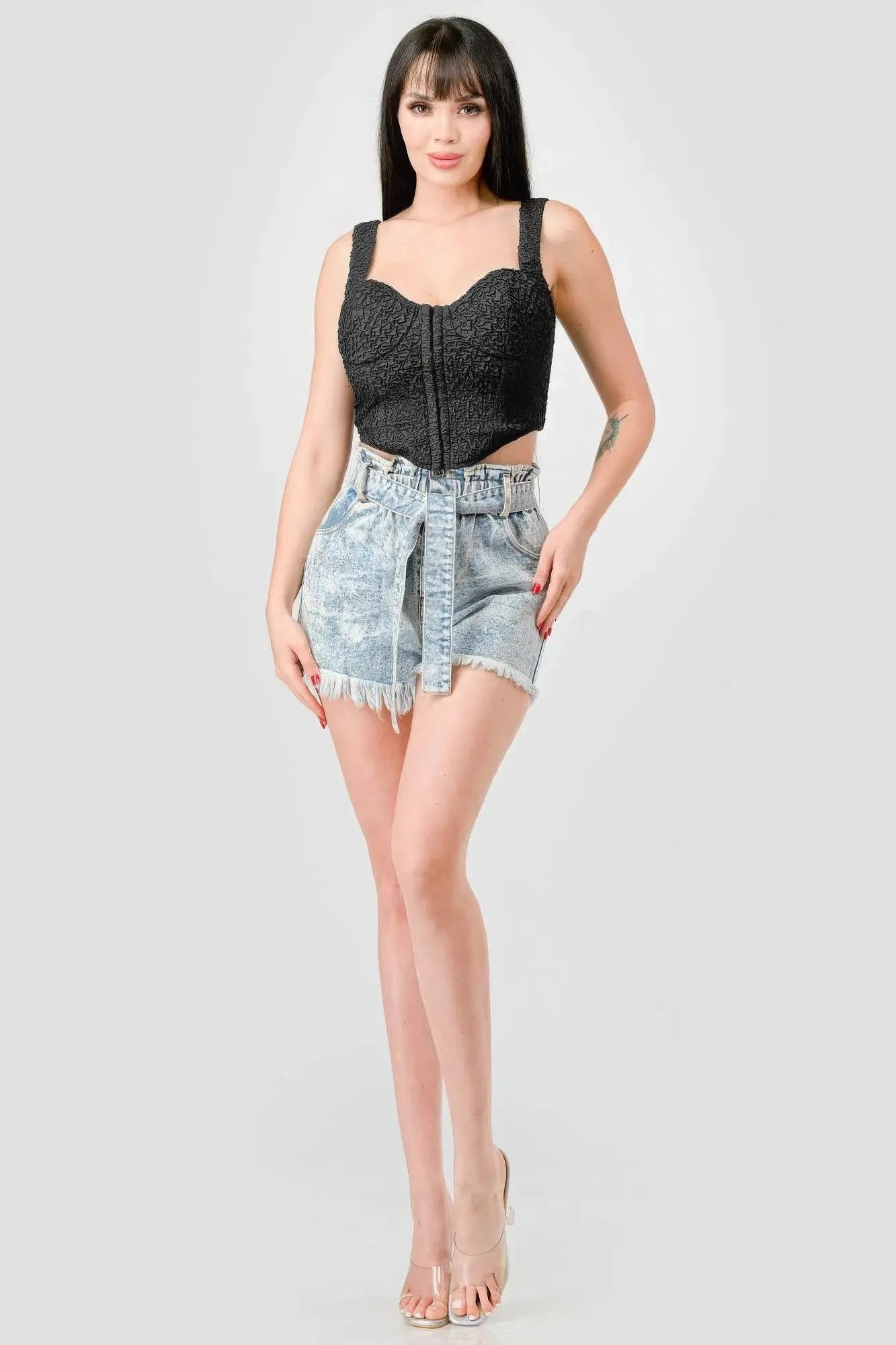 Blue Zone Planet | Crinkle Stretch Knit Sweetheart Hooked Bustier Cropped Top Blue Zone Planet
