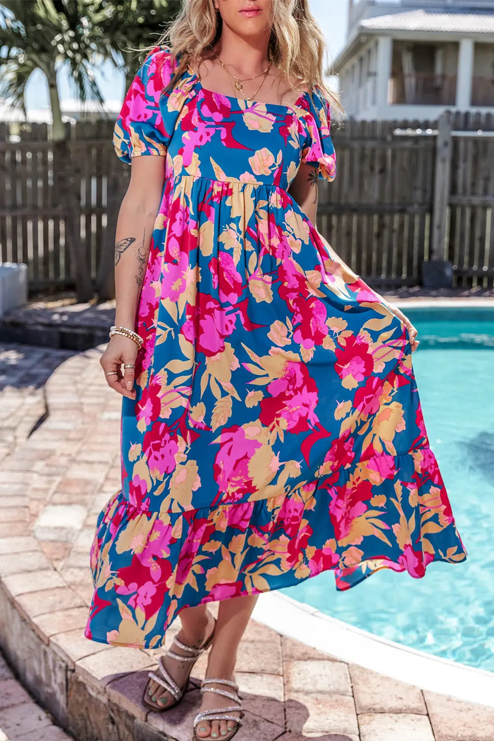 Blue Zone Planet | Dark Blue Square Neck Bubble Sleeve Ruffled Floral Dress Blue Zone Planet