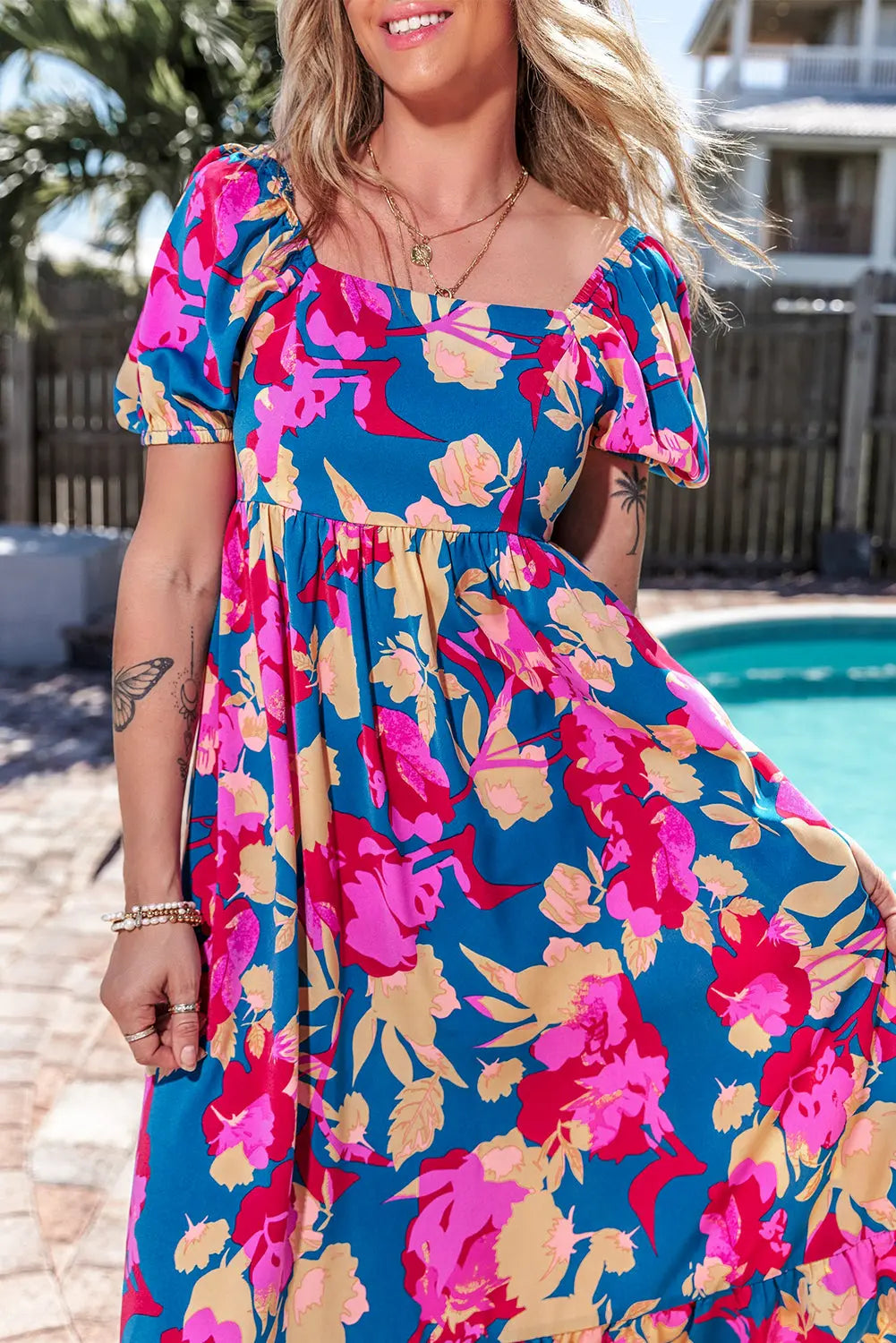 Blue Zone Planet | Dark Blue Square Neck Bubble Sleeve Ruffled Floral Dress Blue Zone Planet