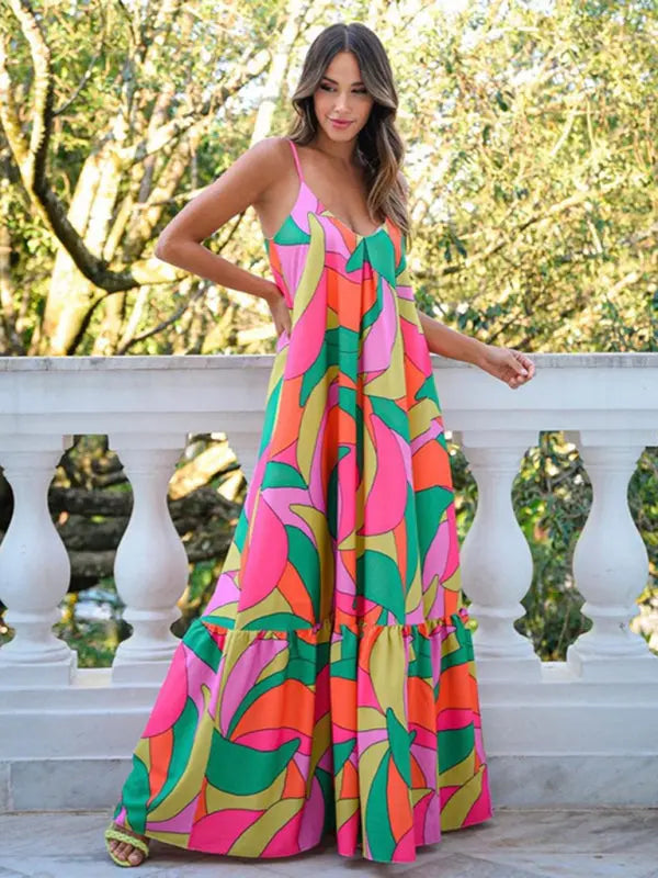 Blue Zone Planet | Deep V Backless Dress Bohemian Floral Suspender Long Skirt BLUE ZONE PLANET