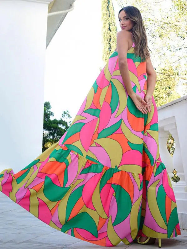Blue Zone Planet | Deep V Backless Dress Bohemian Floral Suspender Long Skirt BLUE ZONE PLANET