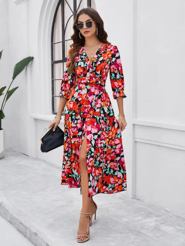 Blue Zone Planet | Desiree's Floral printed V-neck side slit mini dress BLUE ZONE PLANET