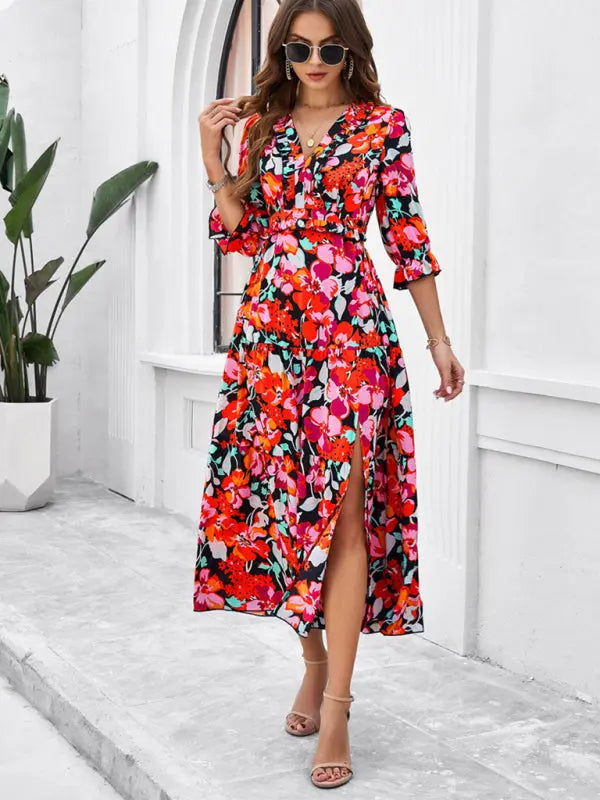Blue Zone Planet | Desiree's Floral printed V-neck side slit mini dress BLUE ZONE PLANET