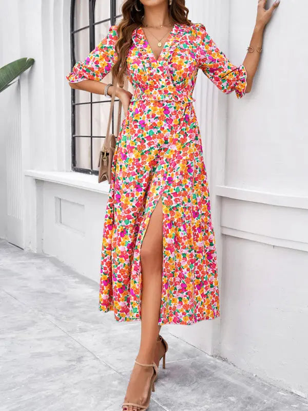 Blue Zone Planet | Desiree's Floral printed V-neck side slit mini dress BLUE ZONE PLANET