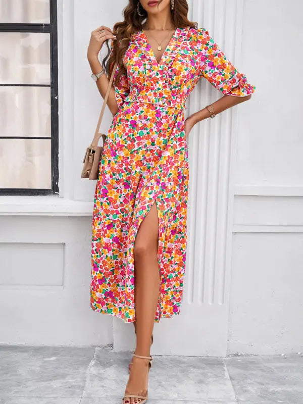 Blue Zone Planet | Desiree's Floral printed V-neck side slit mini dress BLUE ZONE PLANET