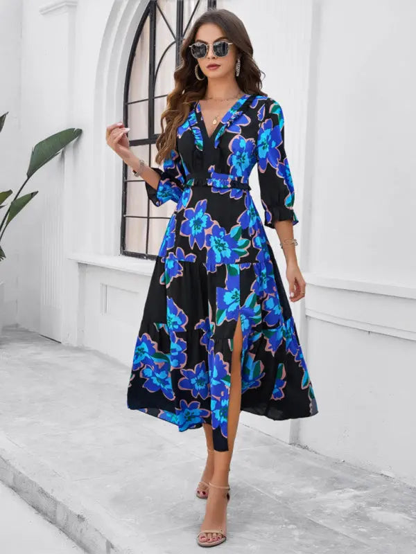 Blue Zone Planet | Desiree's Floral printed V-neck side slit mini dress BLUE ZONE PLANET