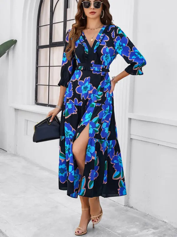 Blue Zone Planet | Desiree's Floral printed V-neck side slit mini dress BLUE ZONE PLANET