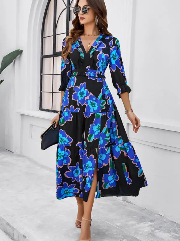 Blue Zone Planet | Desiree's Floral printed V-neck side slit mini dress BLUE ZONE PLANET