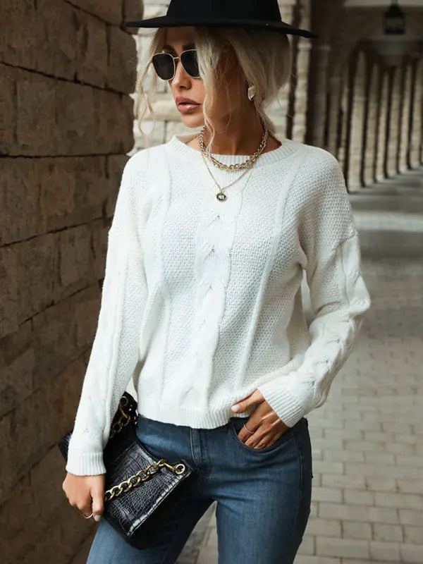 Blue Zone Planet | Donna's Cable Twist Long Sleeve White Cotton Sweater Top BLUE ZONE PLANET