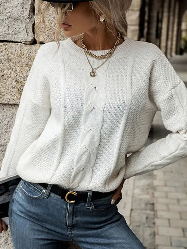 Blue Zone Planet | Donna's Cable Twist Long Sleeve White Cotton Sweater Top BLUE ZONE PLANET