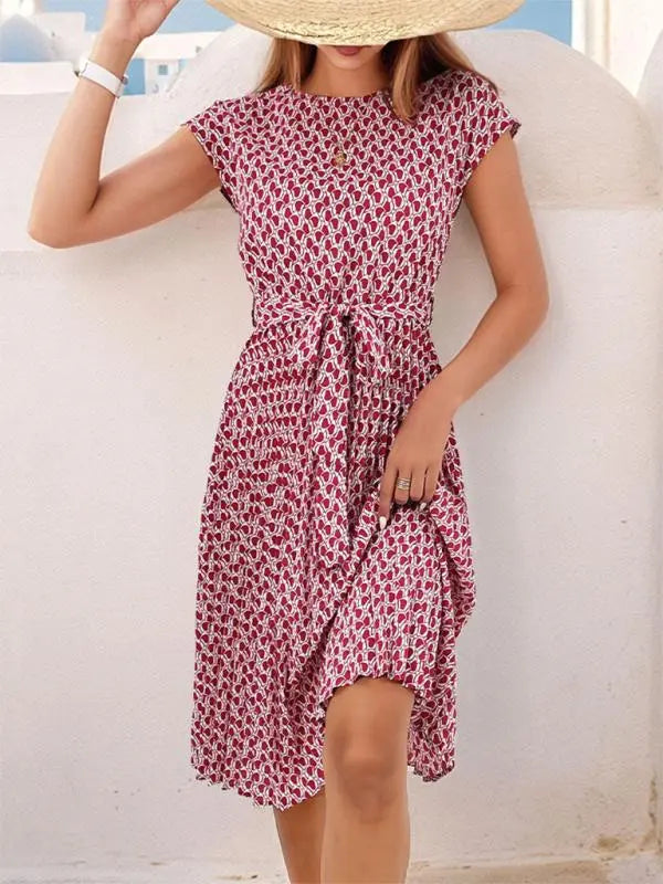 Blue Zone Planet | Elegant Short Sleeve Lace Up Pleated Print Dress BLUE ZONE PLANET