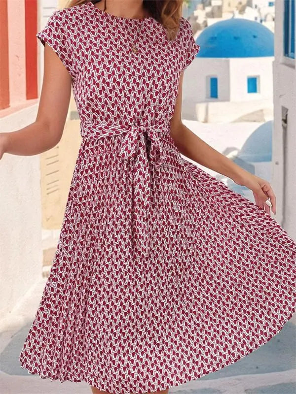 Blue Zone Planet | Elegant Short Sleeve Lace Up Pleated Print Dress BLUE ZONE PLANET
