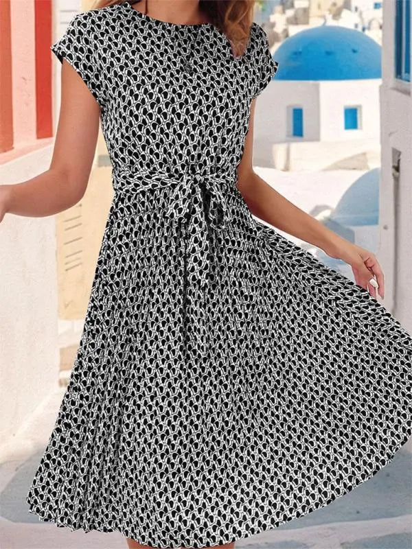 Blue Zone Planet | Elegant Short Sleeve Lace Up Pleated Print Dress BLUE ZONE PLANET