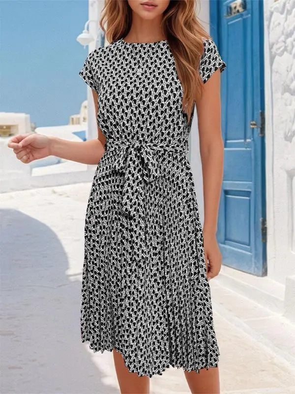 Blue Zone Planet | Elegant Short Sleeve Lace Up Pleated Print Dress BLUE ZONE PLANET