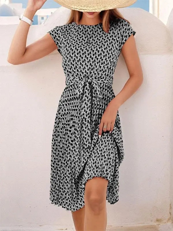 Blue Zone Planet | Elegant Short Sleeve Lace Up Pleated Print Dress BLUE ZONE PLANET