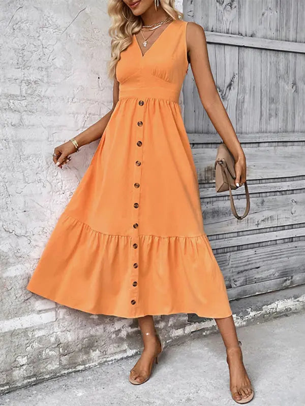 Blue Zone Planet | Ella's Solid Color Buttoned V-Neck Sleeveless Tiered Midi Dress BLUE ZONE PLANET