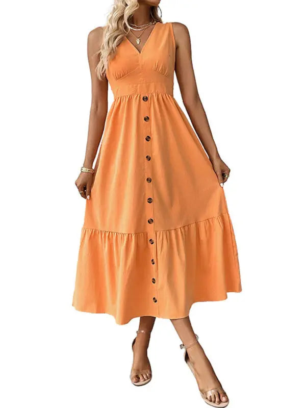 Blue Zone Planet | Ella's Solid Color Buttoned V-Neck Sleeveless Tiered Midi Dress BLUE ZONE PLANET
