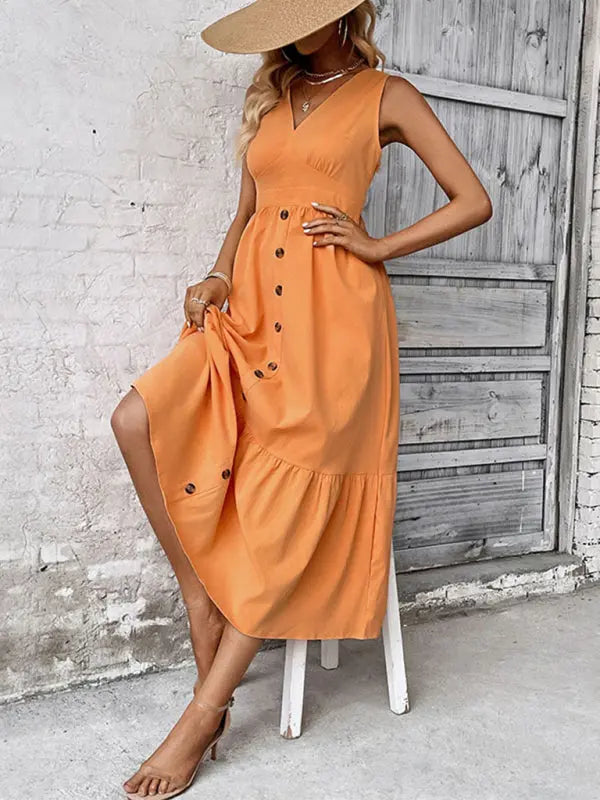 Blue Zone Planet | Ella's Solid Color Buttoned V-Neck Sleeveless Tiered Midi Dress BLUE ZONE PLANET