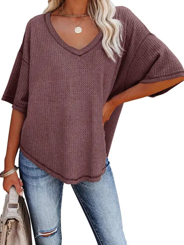 Blue Zone Planet | Ella's V Neck Dolman Sleeve Waffle Knit Loose Solid Color Short Sleeve T-Shirt BLUE ZONE PLANET