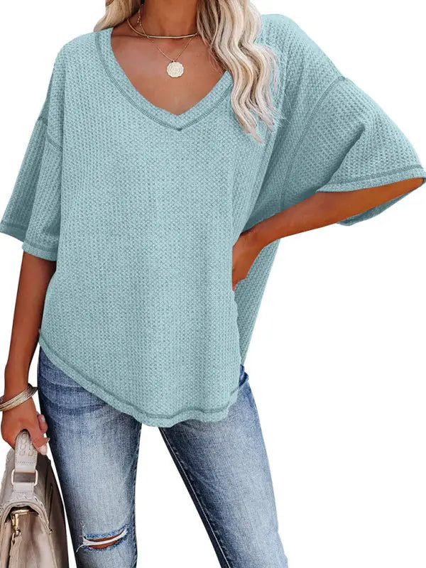Blue Zone Planet |  Ella's V Neck Dolman Sleeve Waffle Knit Loose Solid Color Short Sleeve T-Shirt kakaclo