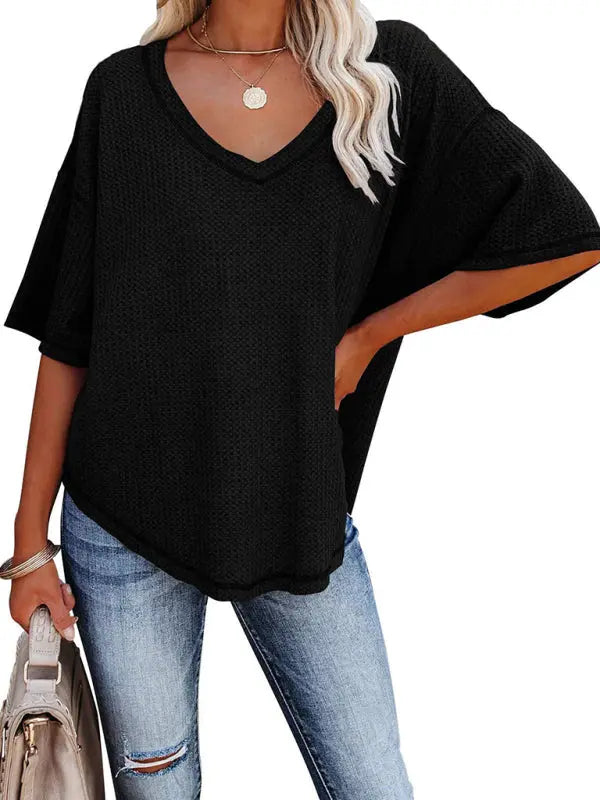 Blue Zone Planet |  Ella's V Neck Dolman Sleeve Waffle Knit Loose Solid Color Short Sleeve T-Shirt kakaclo