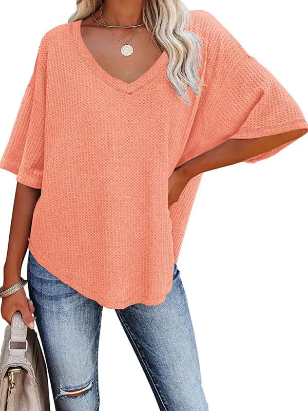 Blue Zone Planet |  Ella's V Neck Dolman Sleeve Waffle Knit Loose Solid Color Short Sleeve T-Shirt kakaclo