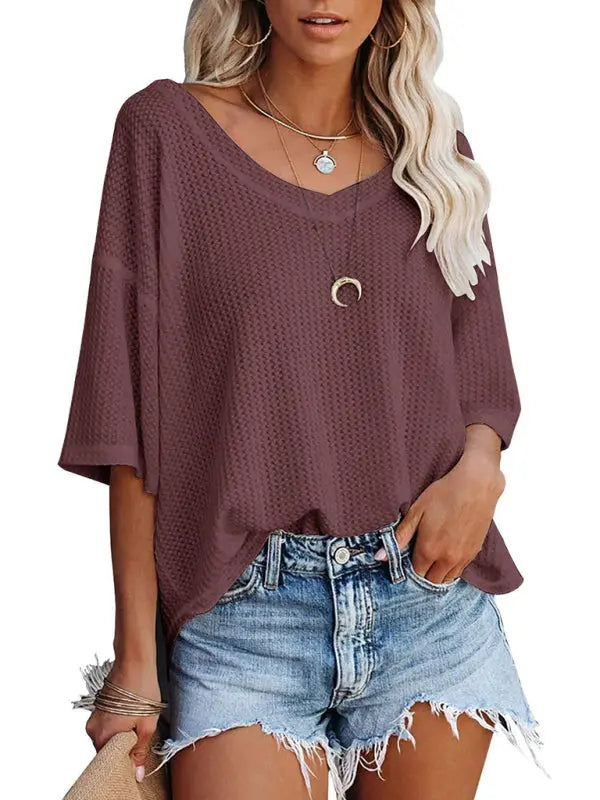 Blue Zone Planet |  Ella's V Neck Dolman Sleeve Waffle Knit Loose Solid Color Short Sleeve T-Shirt kakaclo