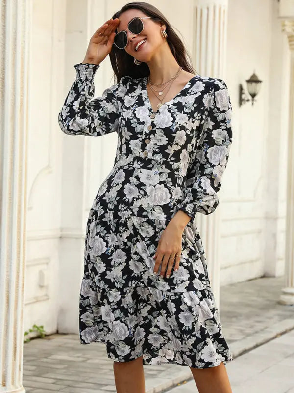 Blue Zone Planet | Emily's Floral Print V-Neck Long-Sleeved Mini Dress BLUE ZONE PLANET