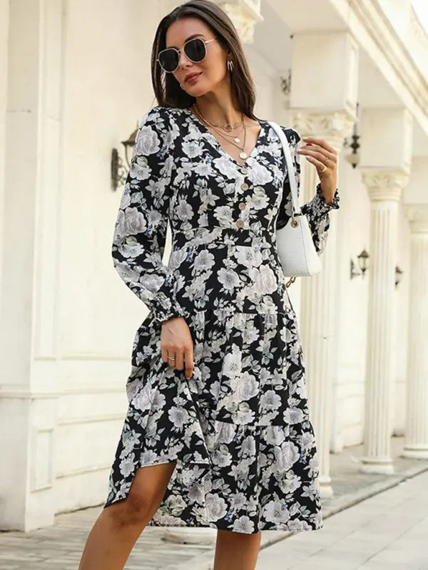Blue Zone Planet | Emily's Floral Print V-Neck Long-Sleeved Mini Dress BLUE ZONE PLANET