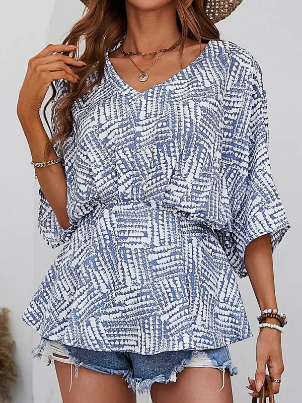 Blue Zone Planet | Emma's V-neck bat sleeve loose waist printed top kakaclo