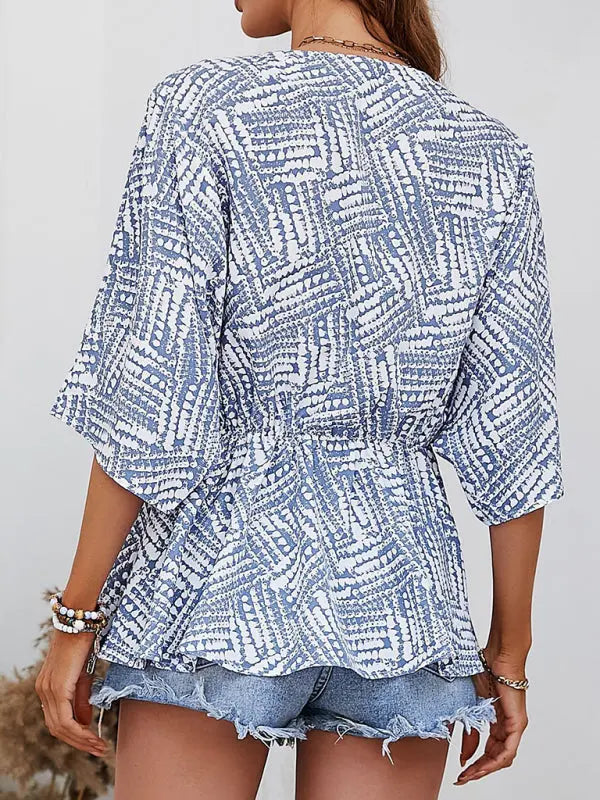 Blue Zone Planet | Emma's V-neck bat sleeve loose waist printed top kakaclo