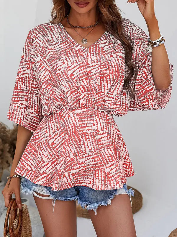 Blue Zone Planet | Emma's V-neck bat sleeve loose waist printed top kakaclo