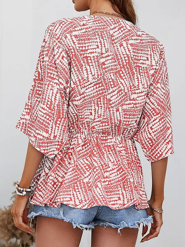 Blue Zone Planet | Emma's V-neck bat sleeve loose waist printed top kakaclo