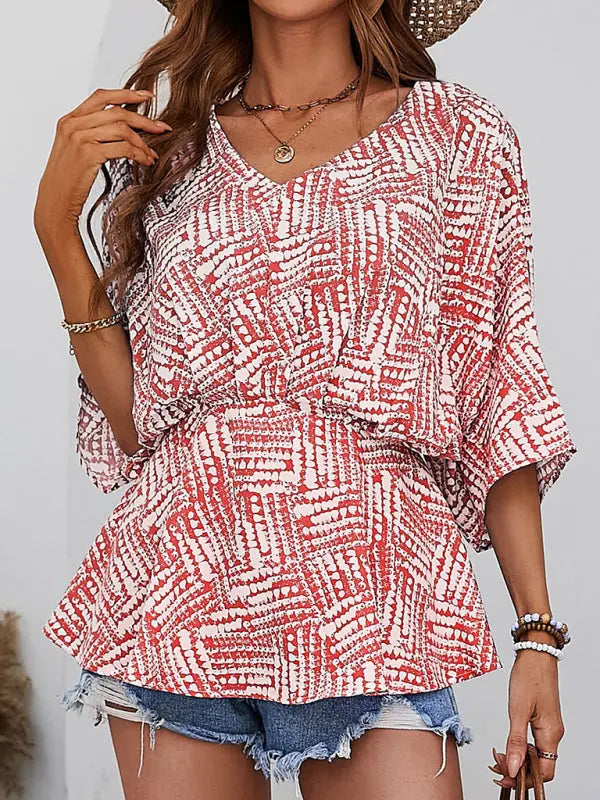 Blue Zone Planet | Emma's V-neck bat sleeve loose waist printed top kakaclo