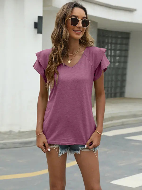 Blue Zone Planet |  Emma's summer solid color V-neck double layer ruffled sleeve loose top t-shirt kakaclo