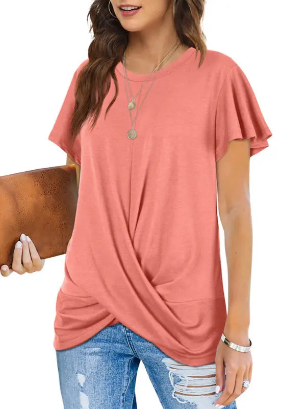 Blue Zone Planet | Explosive round neck solid color hem kink short-sleeved T-shirt BLUE ZONE PLANET