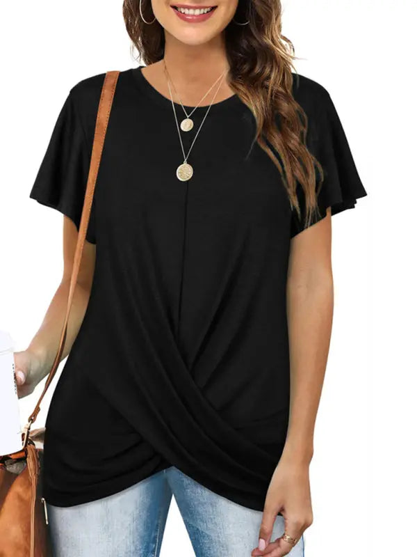 Blue Zone Planet | Explosive round neck solid color hem kink short-sleeved T-shirt BLUE ZONE PLANET