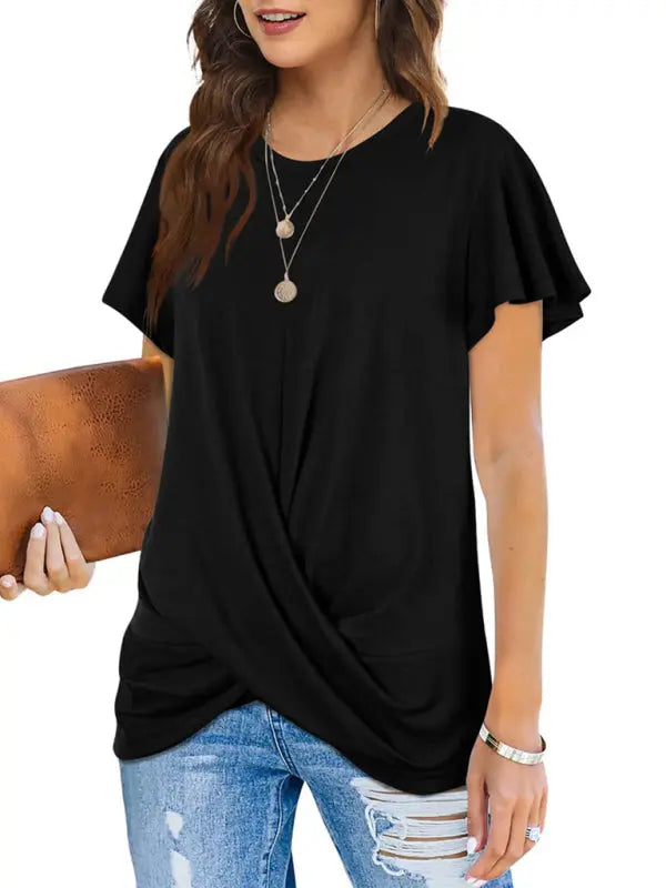 Blue Zone Planet | Explosive round neck solid color hem kink short-sleeved T-shirt BLUE ZONE PLANET