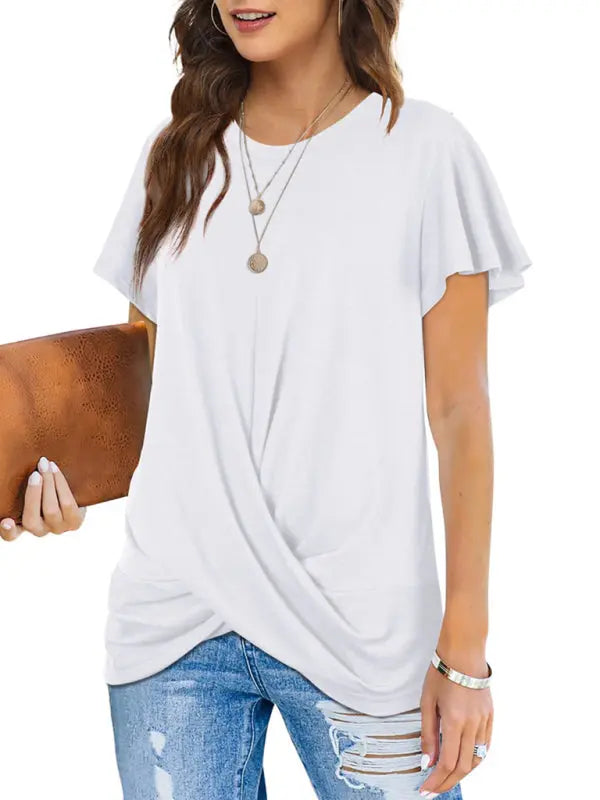 Blue Zone Planet | Explosive round neck solid color hem kink short-sleeved T-shirt BLUE ZONE PLANET