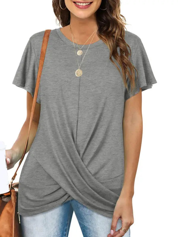 Blue Zone Planet | Explosive round neck solid color hem kink short-sleeved T-shirt BLUE ZONE PLANET