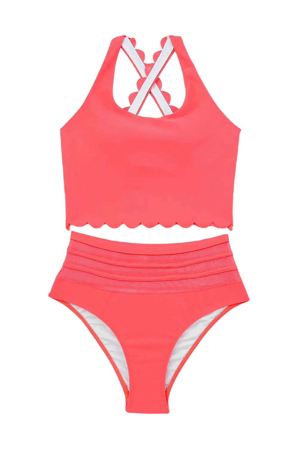 Blue Zone Planet | Fiery Red Scalloped Criss Cross High Waist Bikini Blue Zone Planet