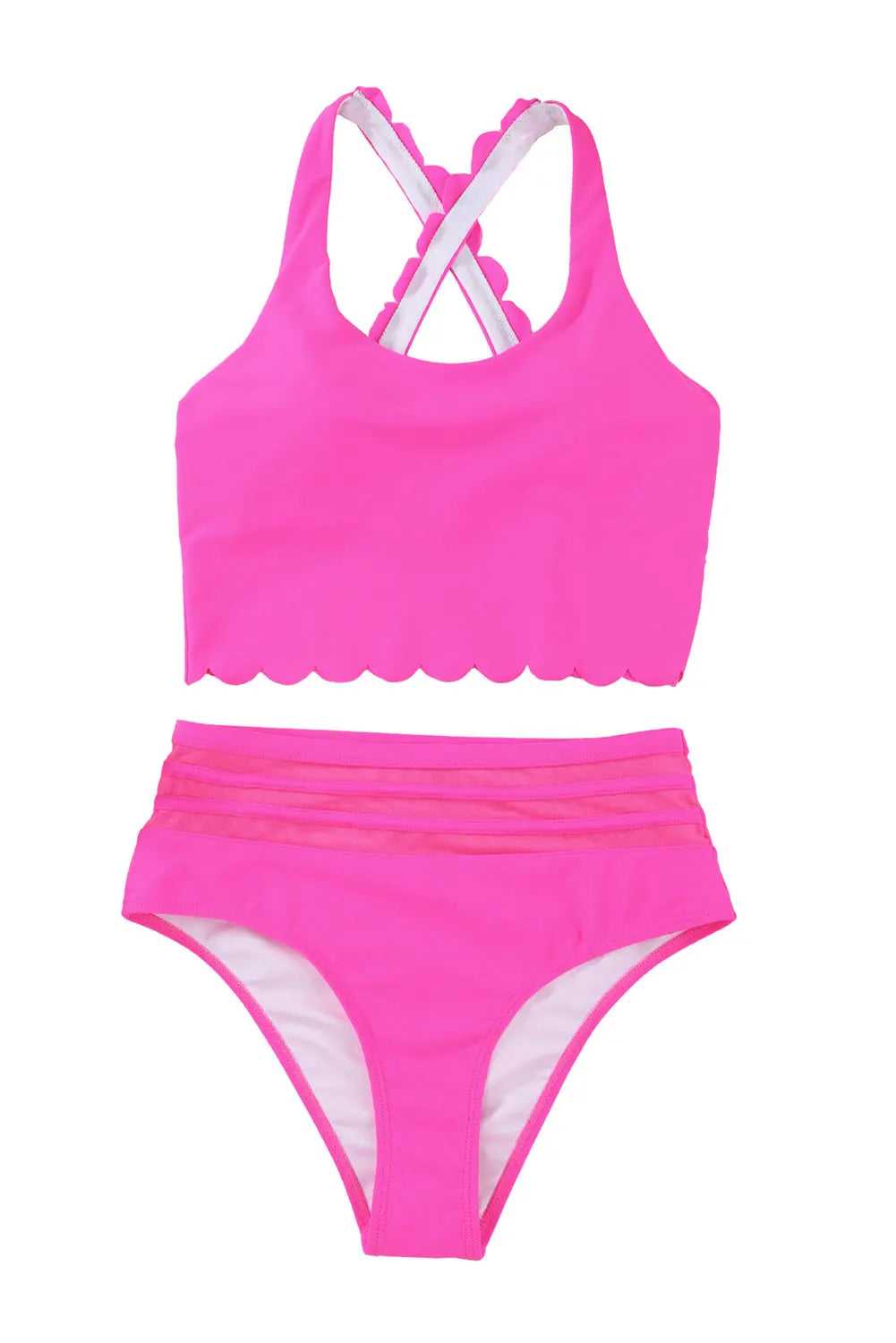 Blue Zone Planet | Fiery Red Scalloped Criss Cross High Waist Bikini Blue Zone Planet