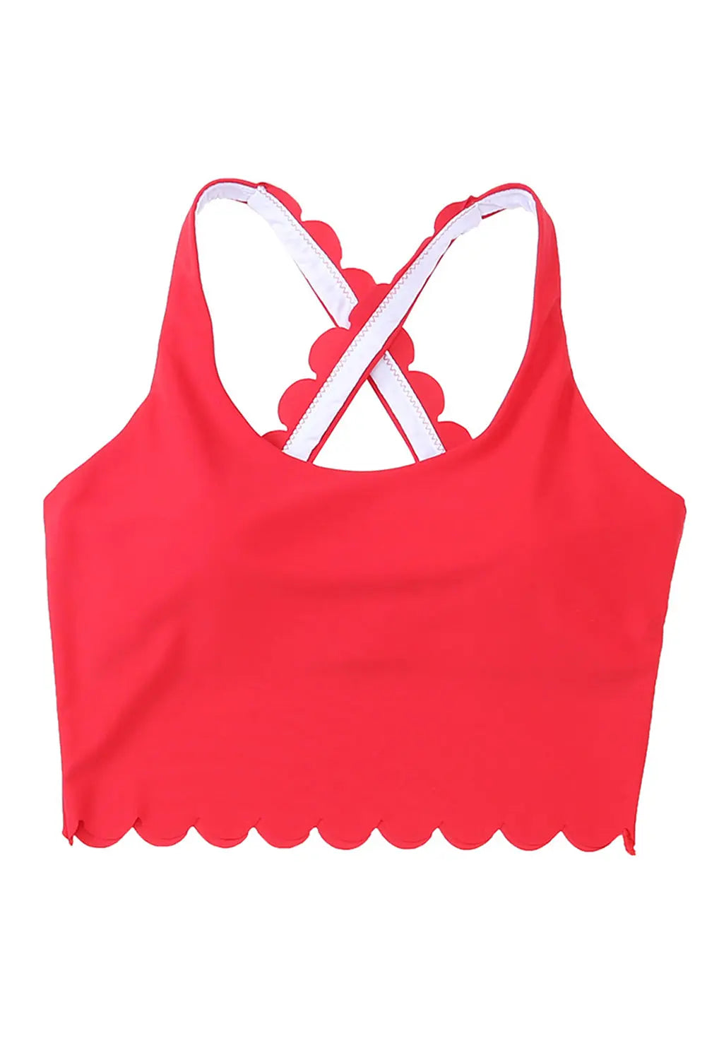 Blue Zone Planet | Fiery Red Scalloped Crossed Straps Cropped Bikini Top Blue Zone Planet
