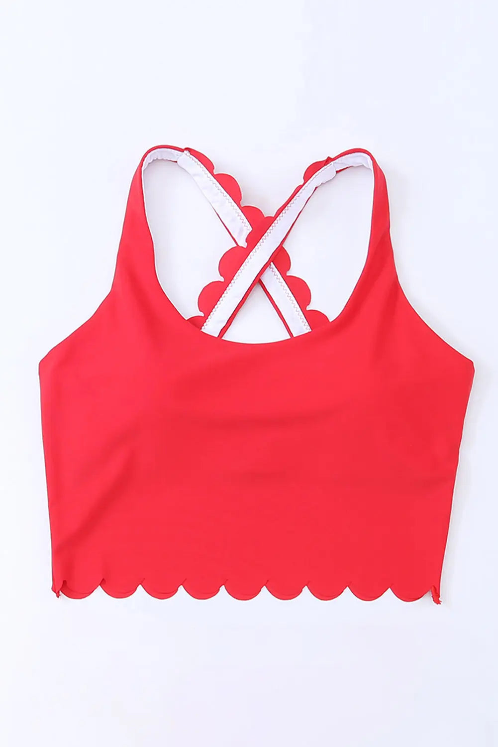 Blue Zone Planet | Fiery Red Scalloped Crossed Straps Cropped Bikini Top Blue Zone Planet